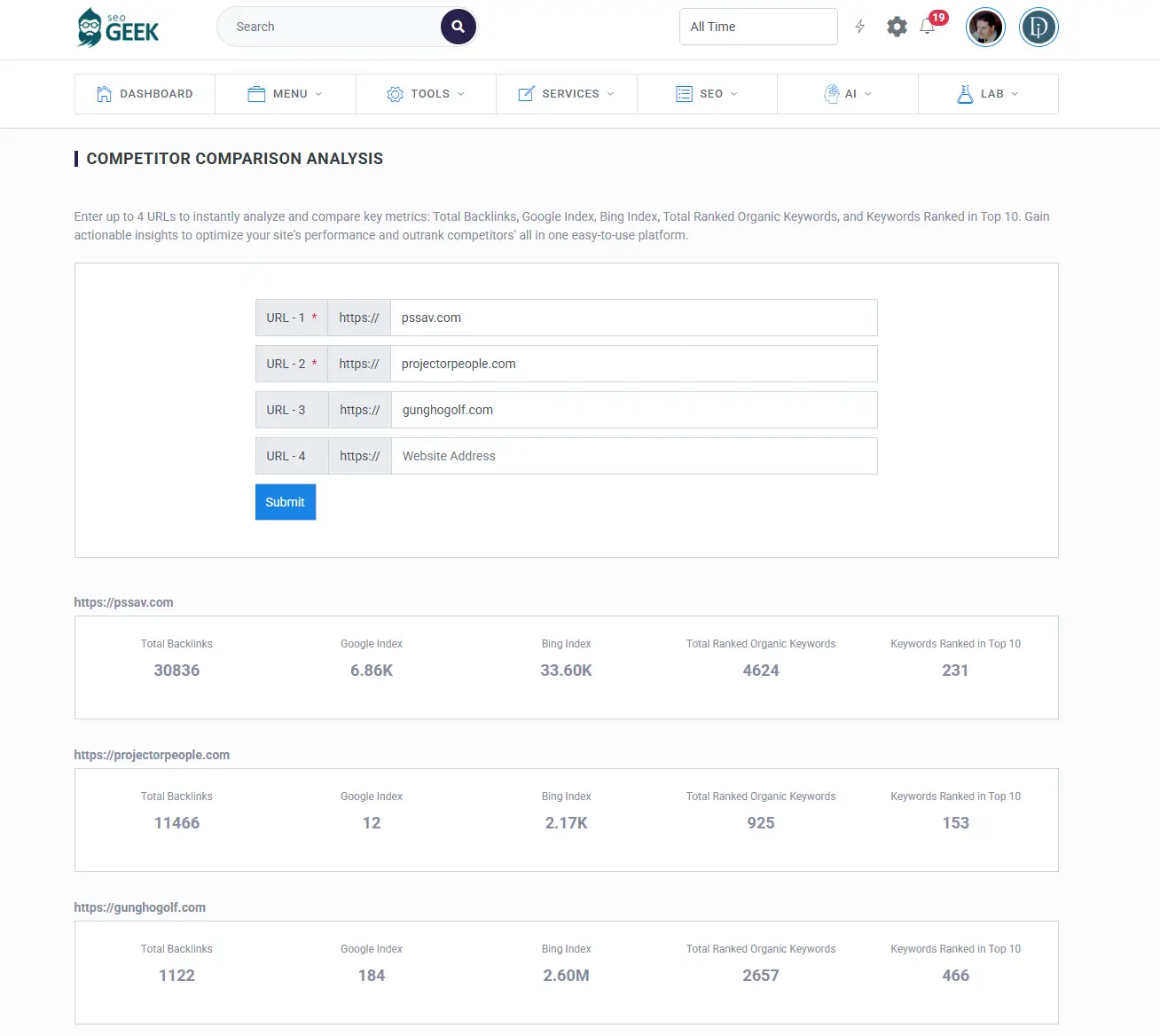 seoGEEK domain comparison and SEO research tool